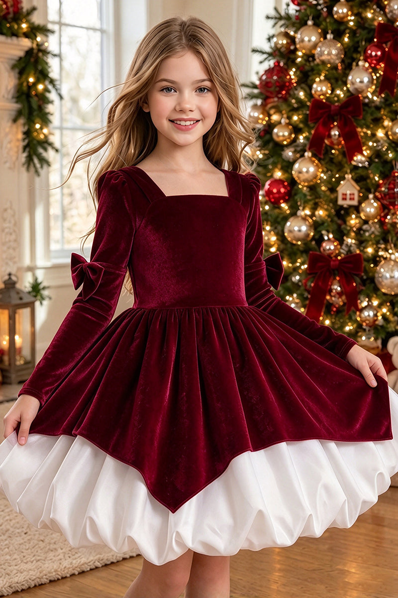 Girls Burgundy Velvet Dress with Contrast White Skirt