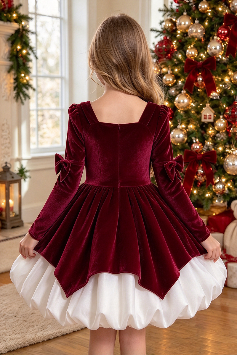 Girls Burgundy Velvet Dress with Contrast White Skirt