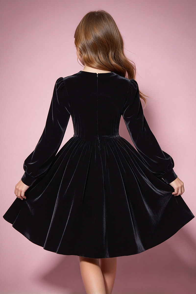 Girls Black Velvet Dress With Pearl Trim Cutout