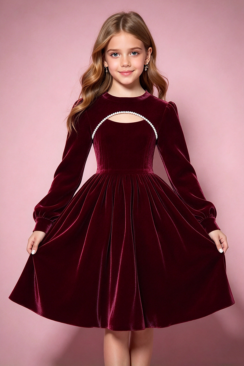 Girls Black Velvet Dress With Pearl Trim Cutout
