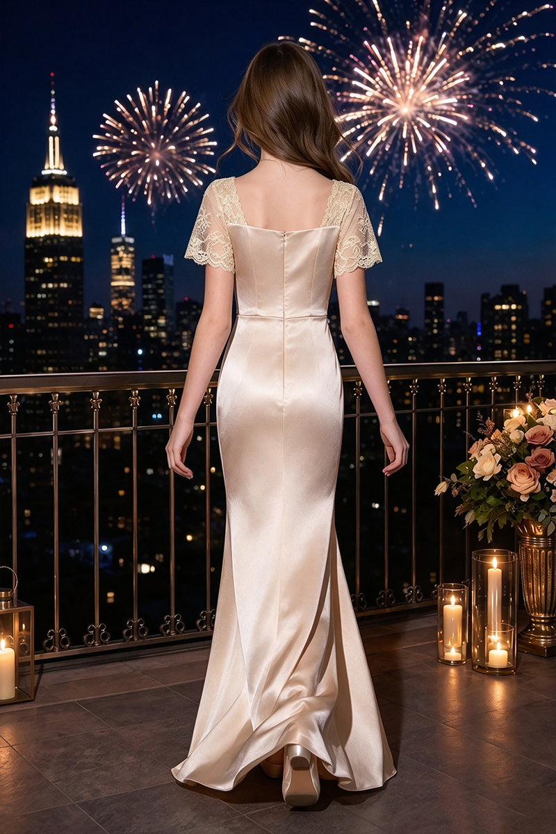 Girls Champagne Satin Dress with Lace Short Sleeves