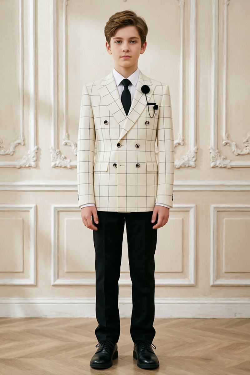 Boys Cream Grid with Peak Lapel 2-Piece Suit