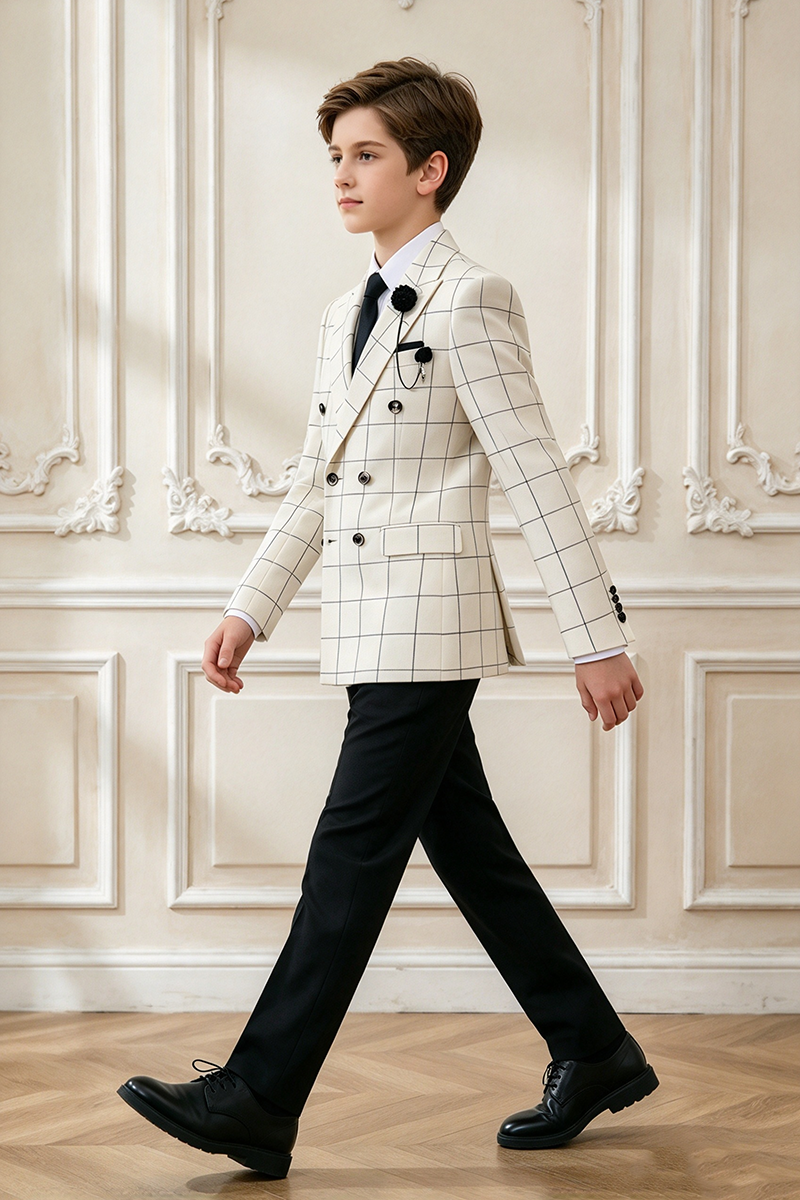 Boys Cream Grid with Peak Lapel 2-Piece Suit