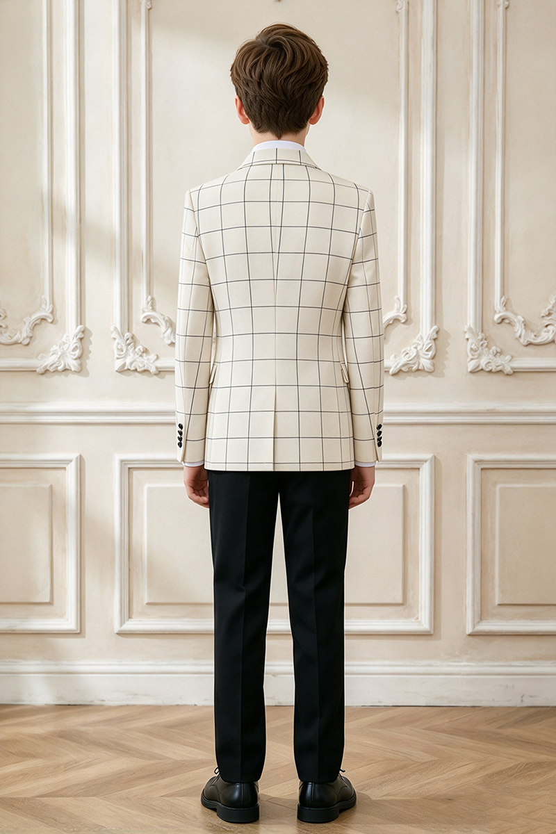 Boys Cream Grid with Peak Lapel 2-Piece Suit