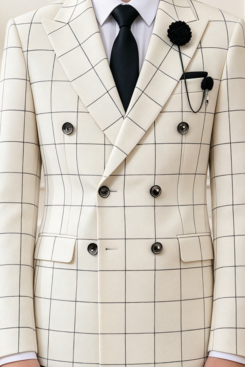 Boys Cream Grid with Peak Lapel 2-Piece Suit