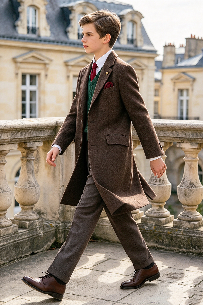 Boys Brown Overcoat with Notched Lapel 2-Piece Suit
