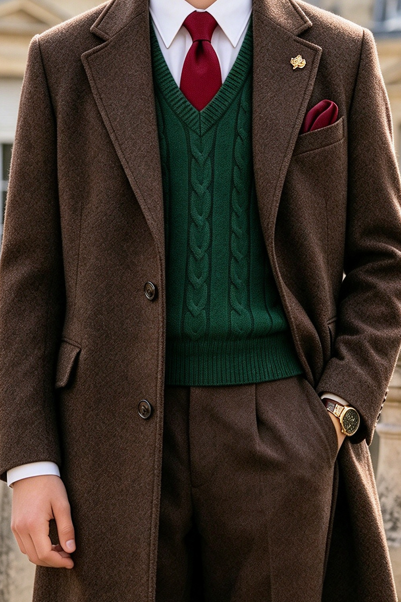 Boys Brown Overcoat with Notched Lapel 2-Piece Suit
