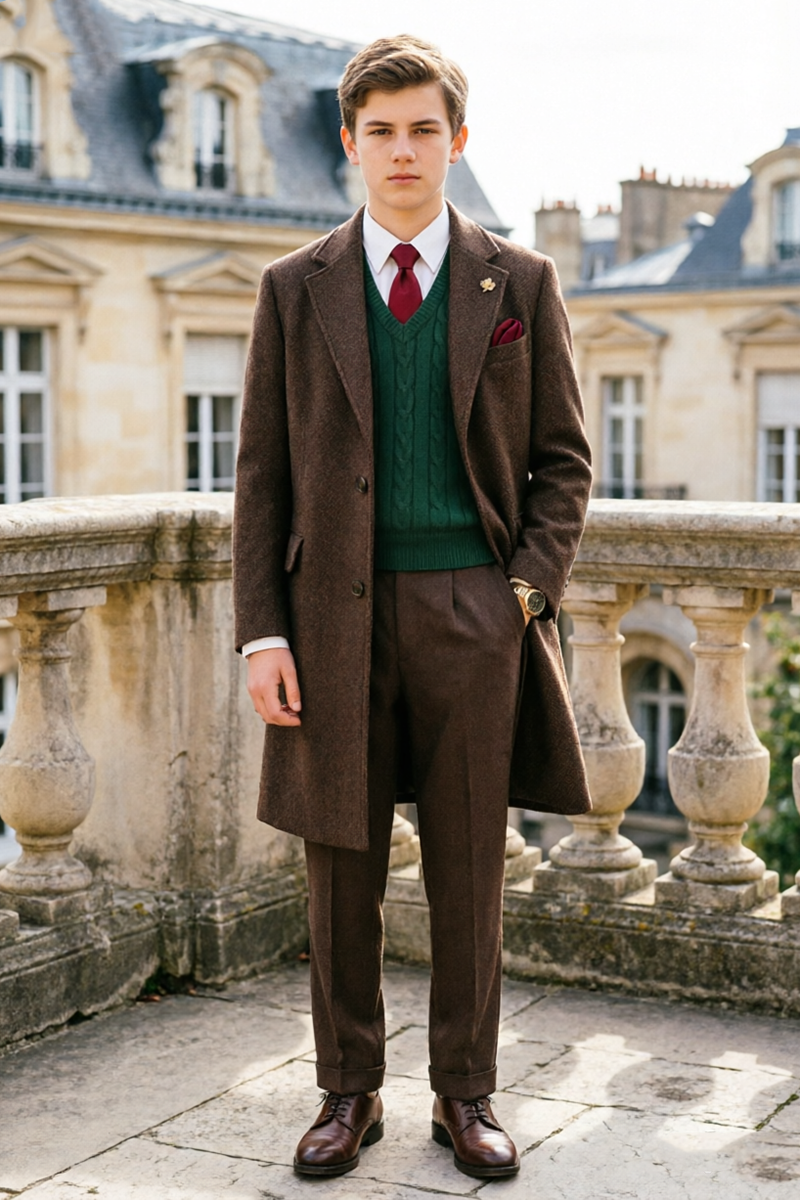 Boys Brown Overcoat with Notched Lapel 2-Piece Suit