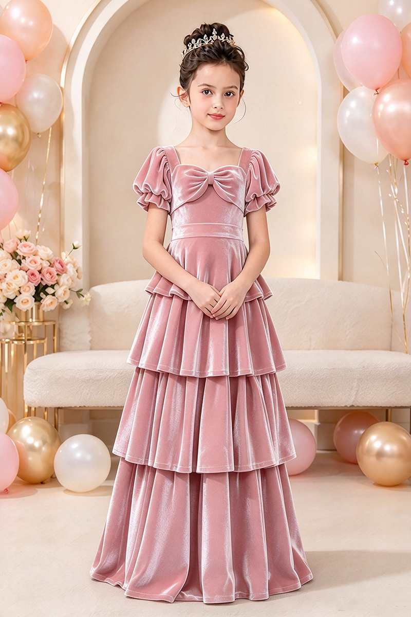 Girls Green Velvet Tiered Dress