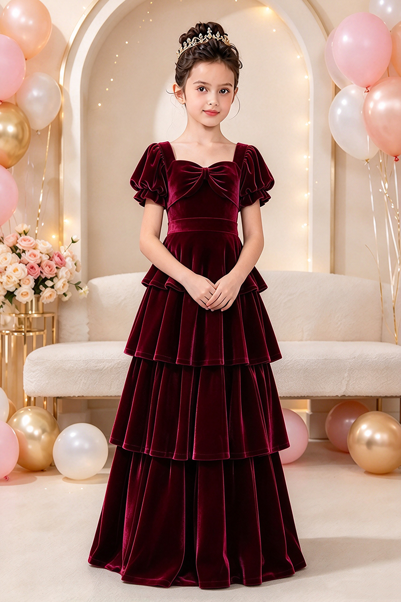 Girls Green Velvet Tiered Dress