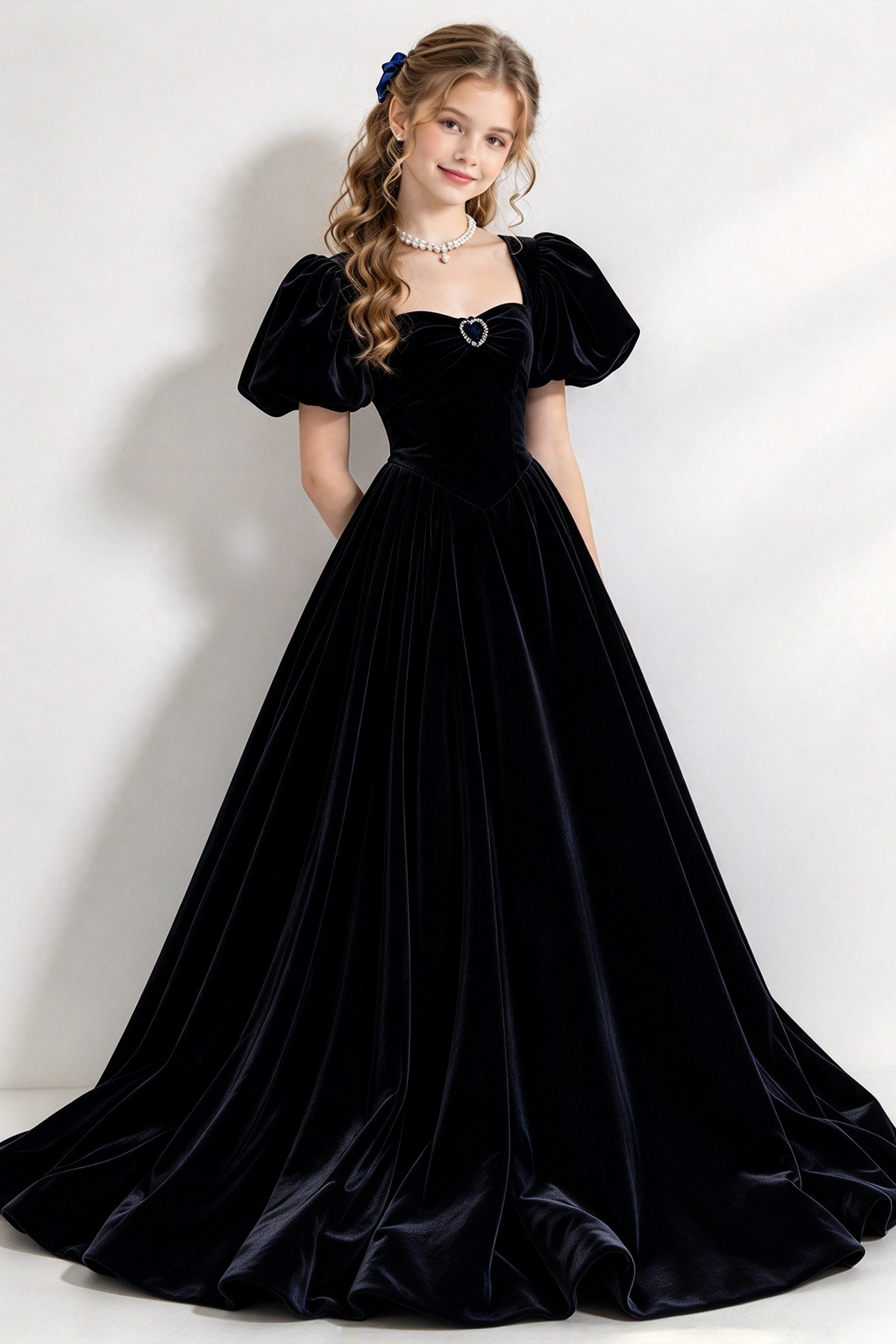 Navy Blue Velvet Puff Sleeve A-Line Formal Dress