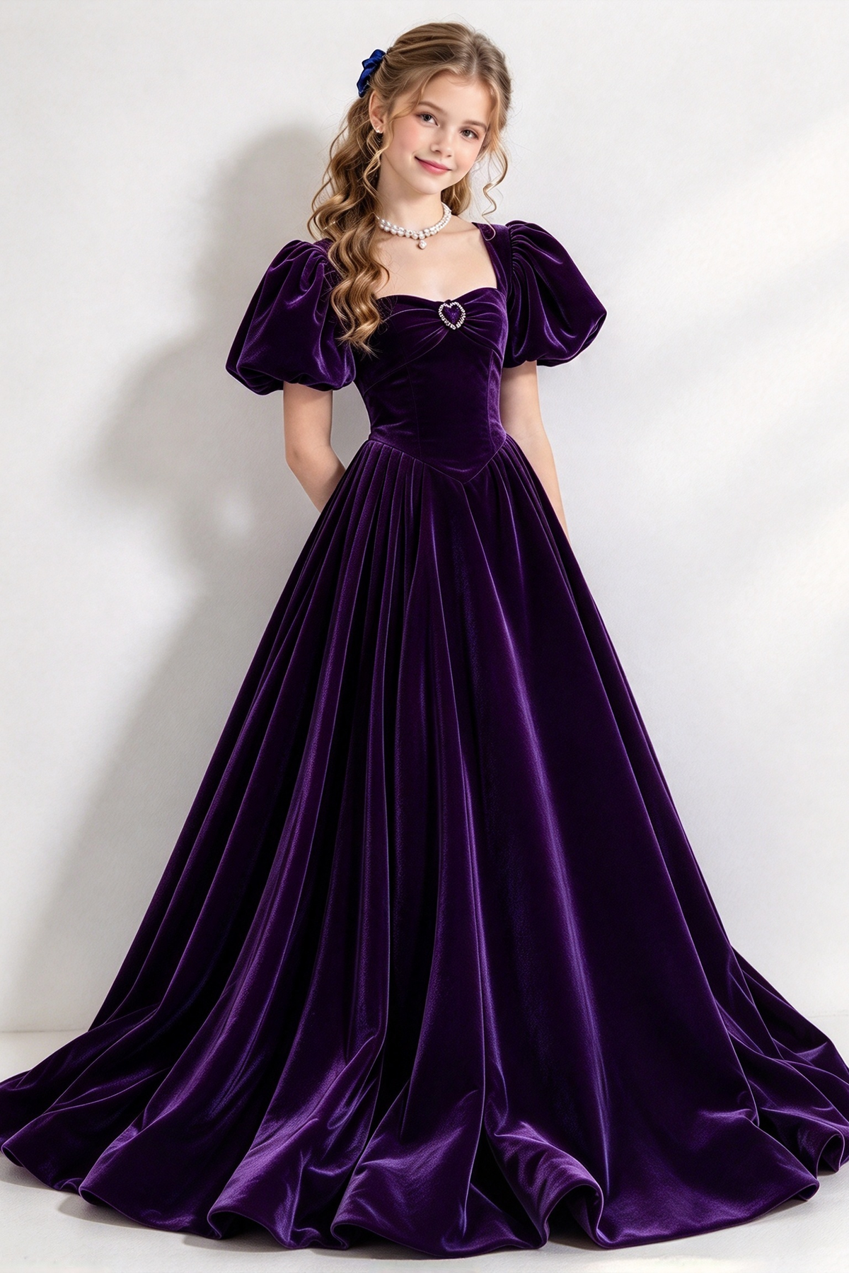 Navy Blue Velvet Puff Sleeve A-Line Formal Dress