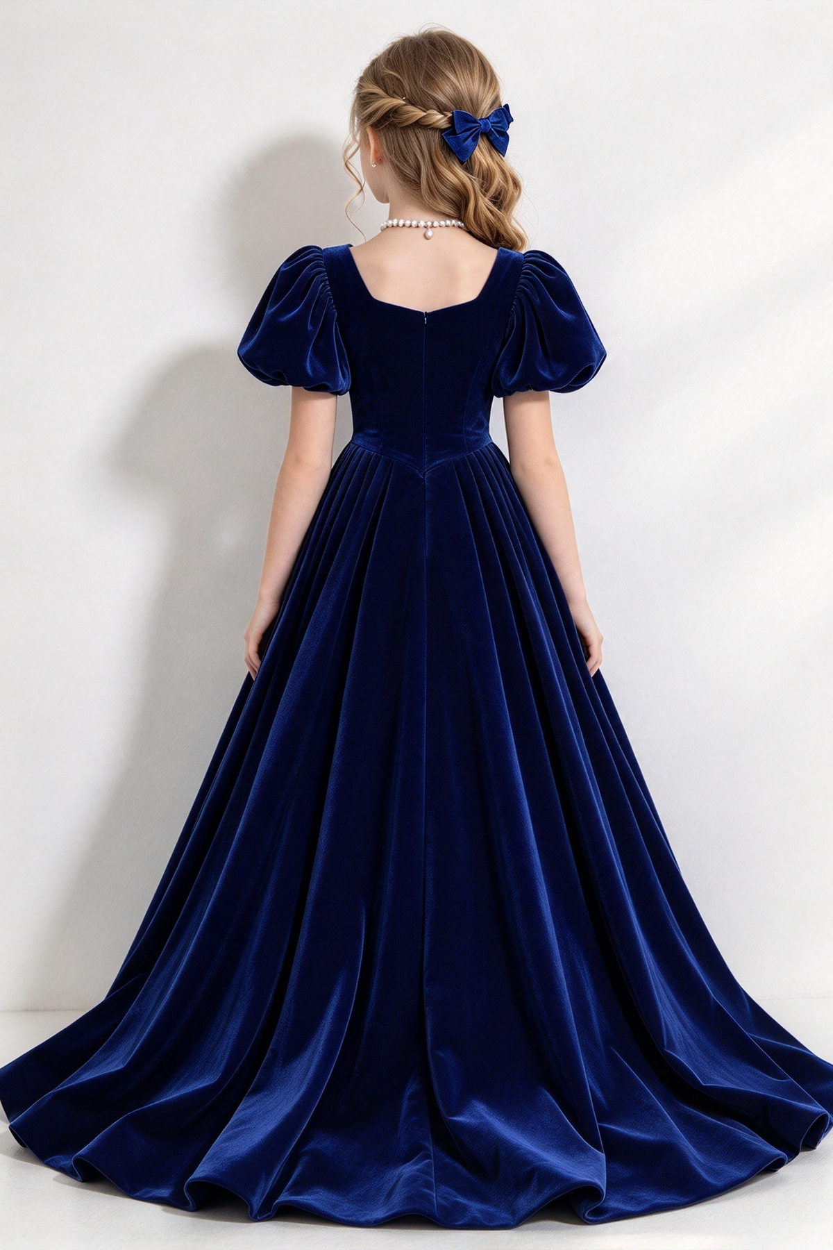 Navy Blue Velvet Puff Sleeve A-Line Formal Dress