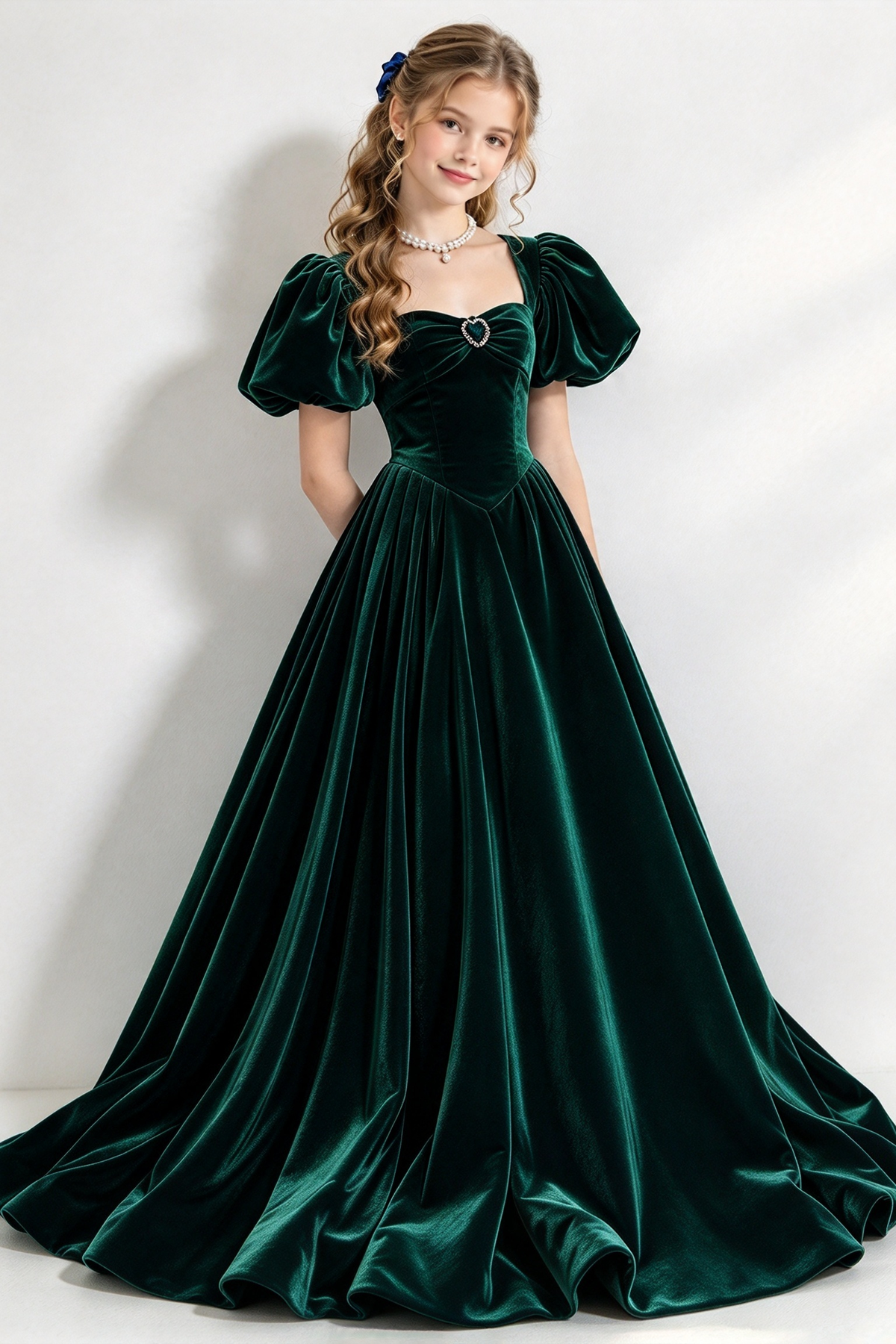 Navy Blue Velvet Puff Sleeve A-Line Formal Dress