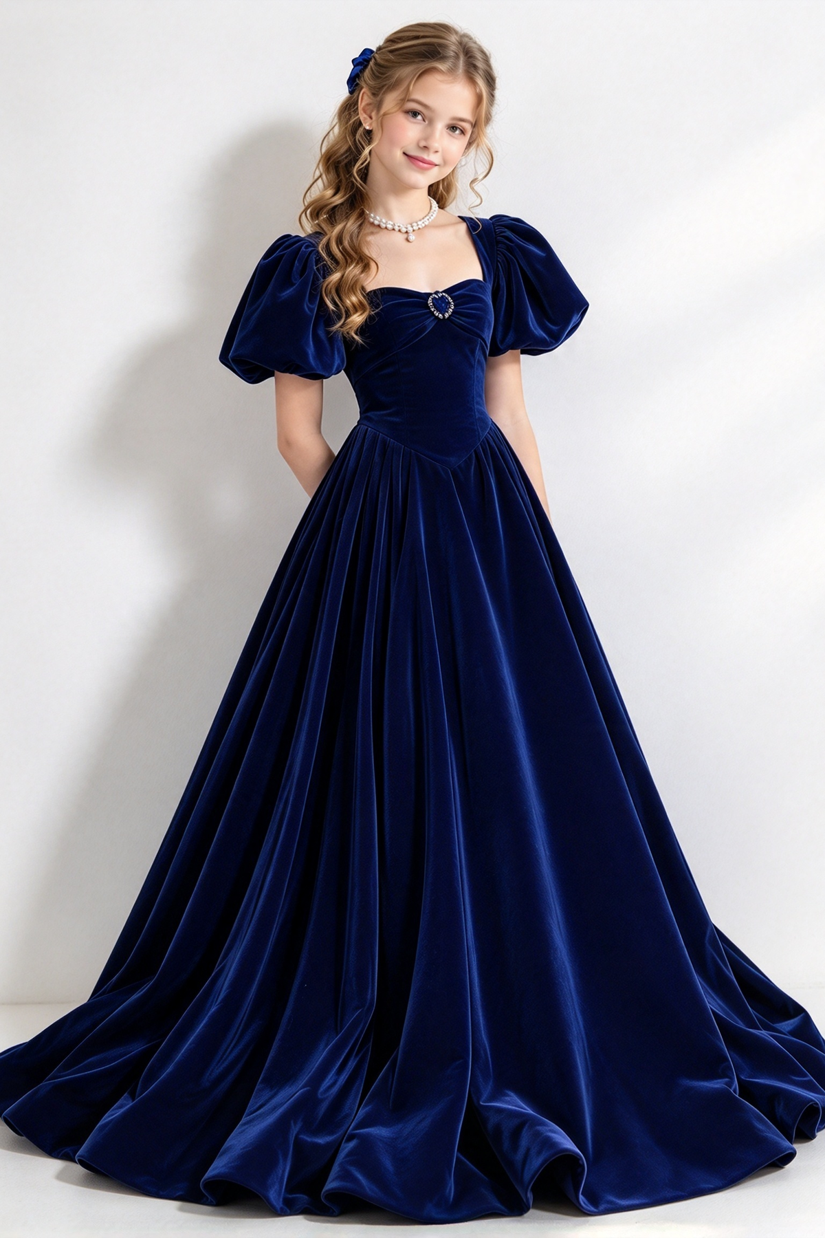 Navy Blue Velvet Puff Sleeve A-Line Formal Dress