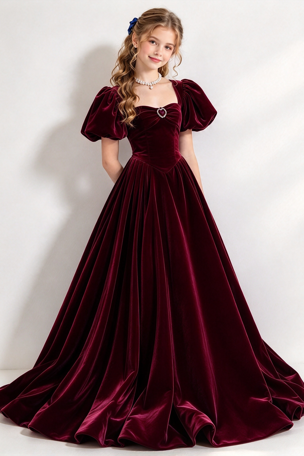 Navy Blue Velvet Puff Sleeve A-Line Formal Dress