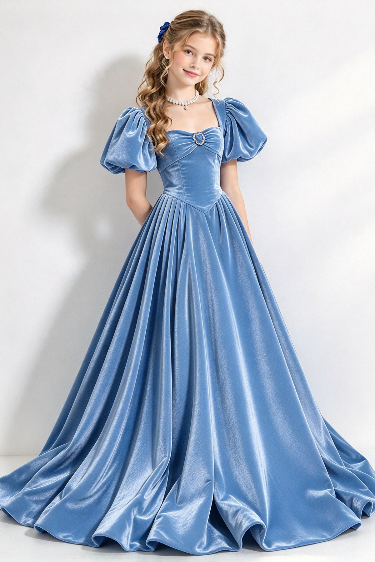 Navy Blue Velvet Puff Sleeve A-Line Formal Dress