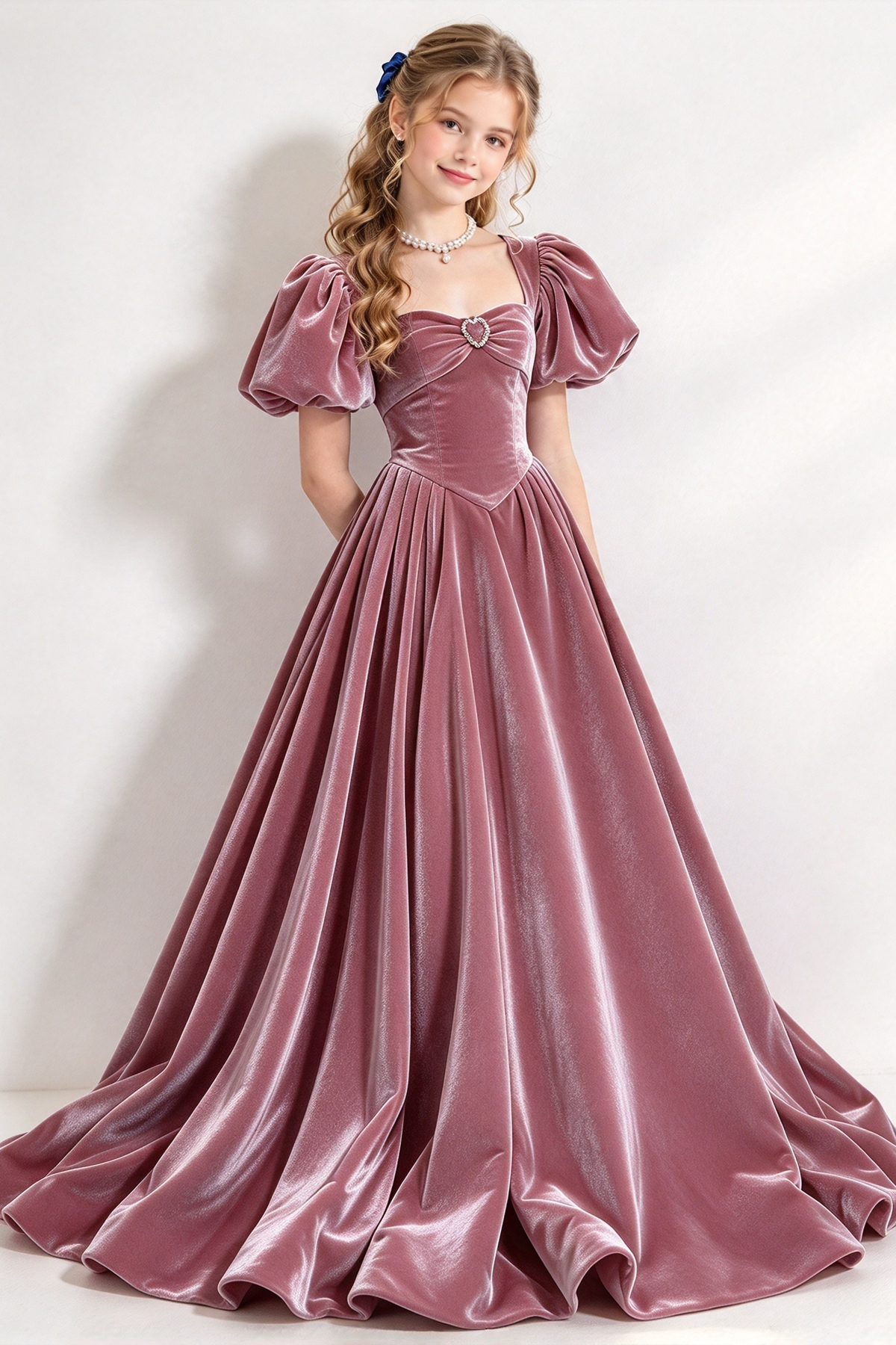 Navy Blue Velvet Puff Sleeve A-Line Formal Dress