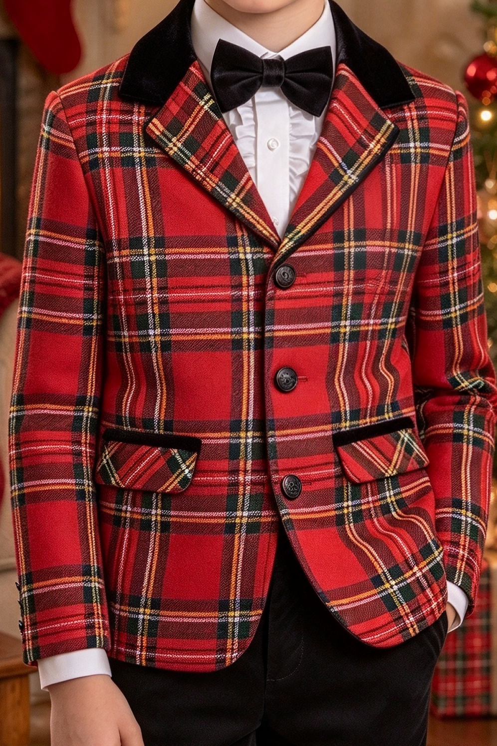 Red Tartan Plaid & Black Velvet Lapel 2-Piece Suit Set