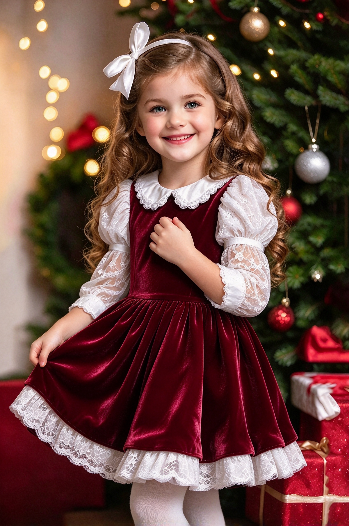 Dark Green Velvet Lace Puff Sleeve A-Line Christmas Dress