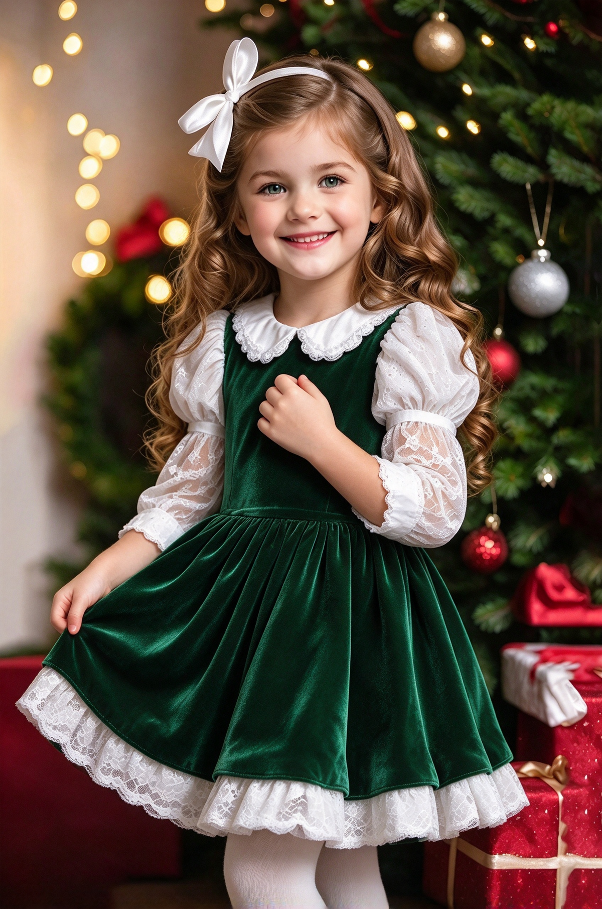 Dark Green Velvet Lace Puff Sleeve A-Line Christmas Dress