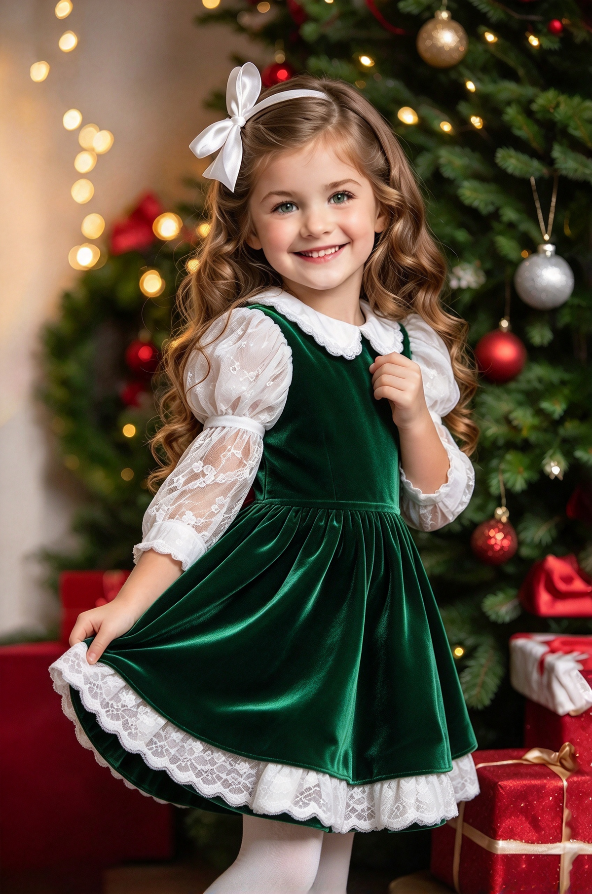 Dark Green Velvet Lace Puff Sleeve A-Line Christmas Dress
