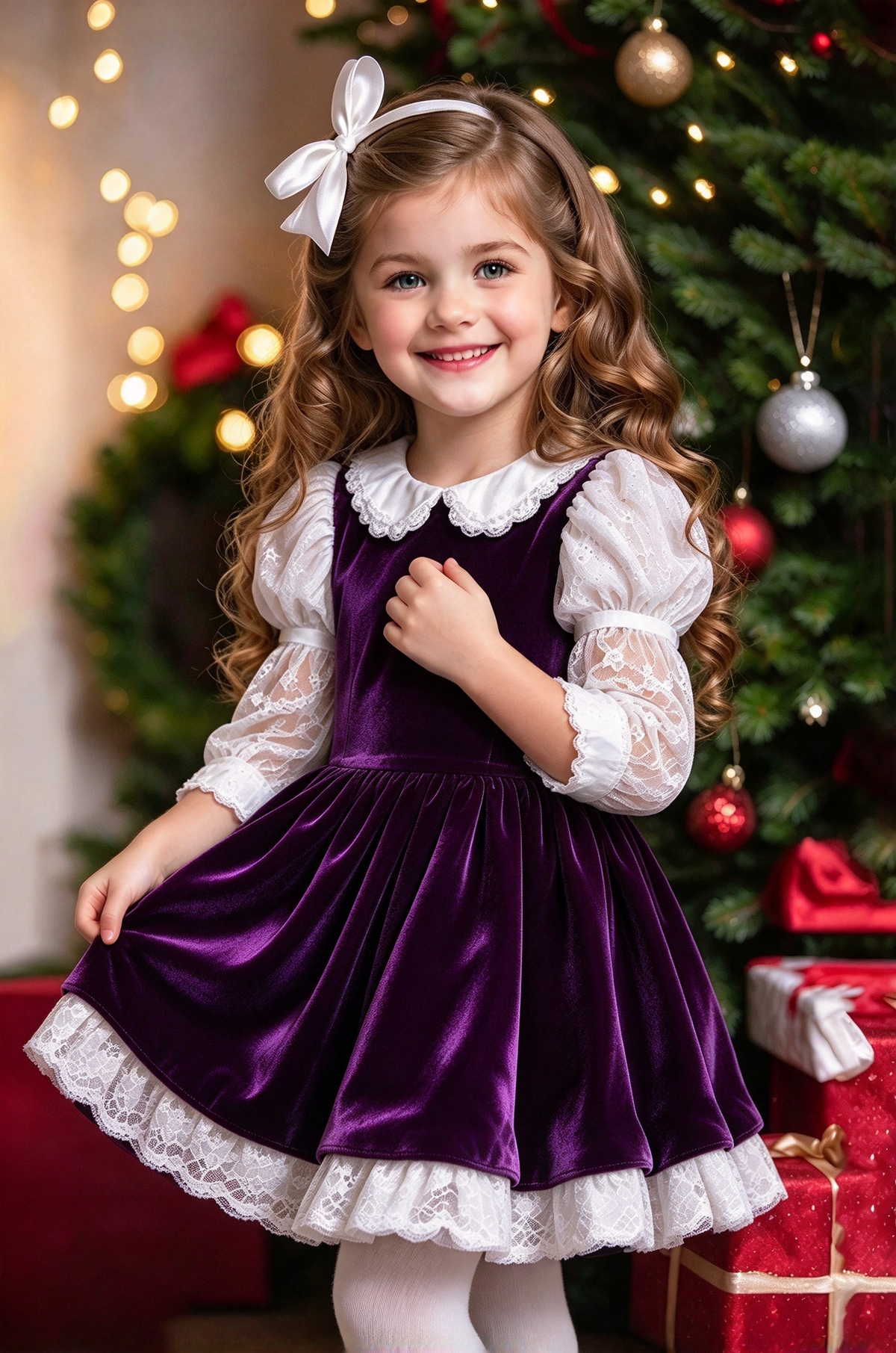 Dark Green Velvet Lace Puff Sleeve A-Line Christmas Dress