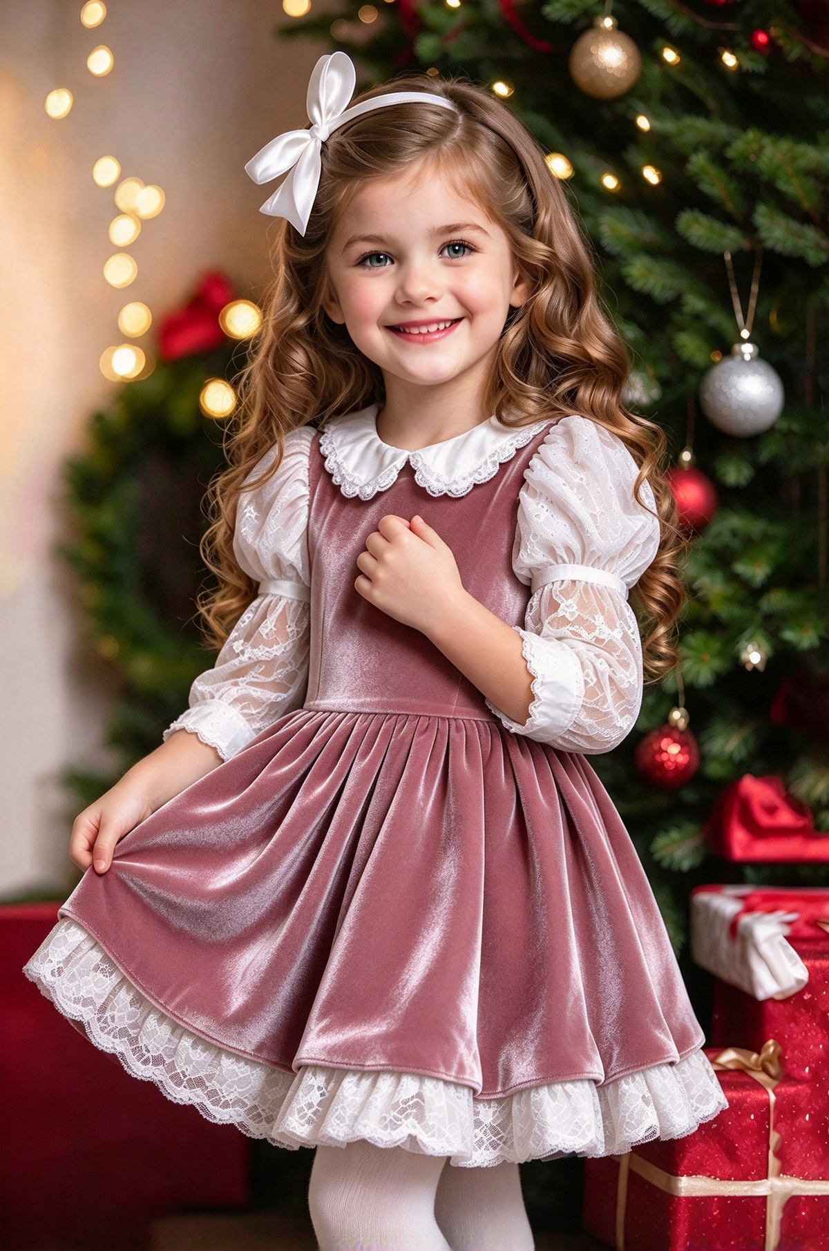 Dark Green Velvet Lace Puff Sleeve A-Line Christmas Dress