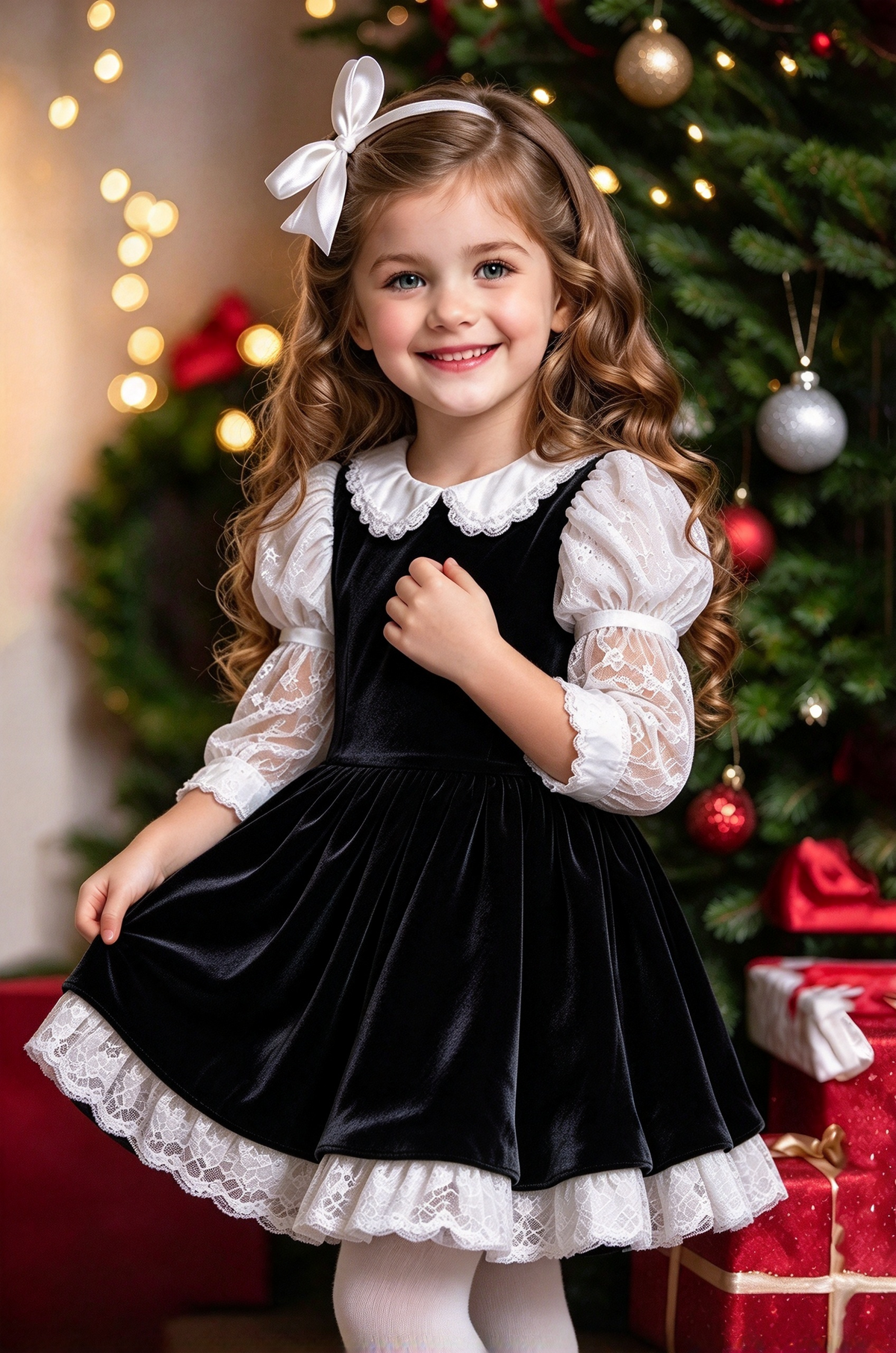 Dark Green Velvet Lace Puff Sleeve A-Line Christmas Dress