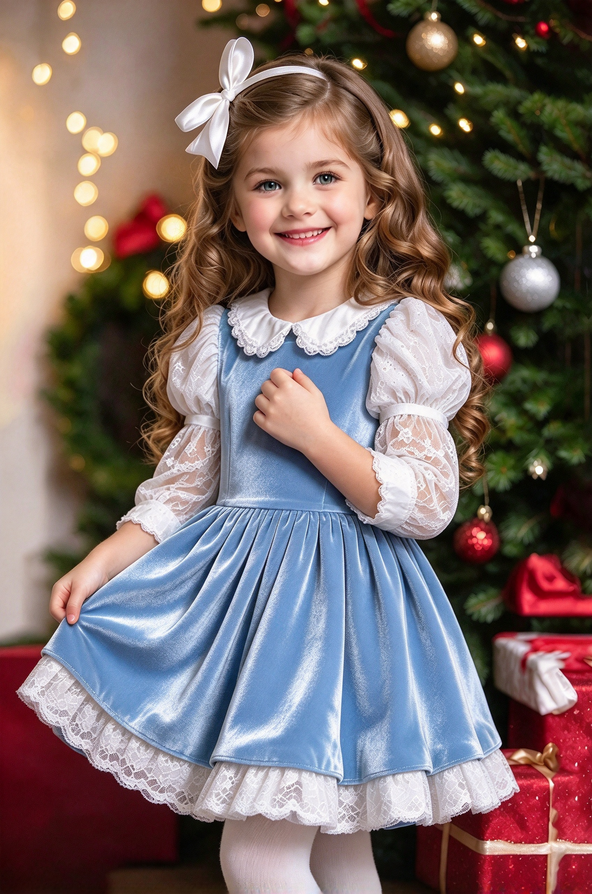 Dark Green Velvet Lace Puff Sleeve A-Line Christmas Dress