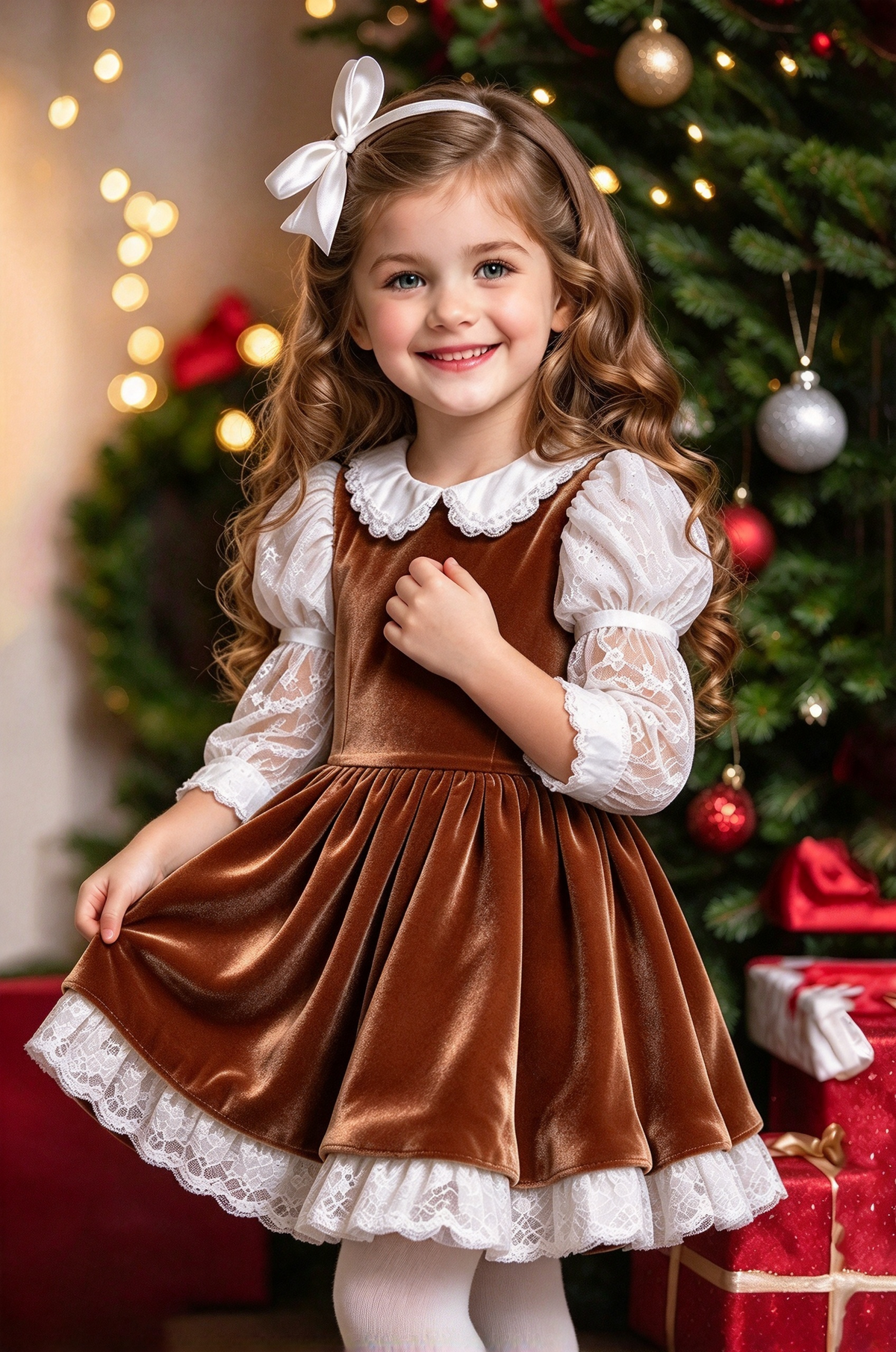 Dark Green Velvet Lace Puff Sleeve A-Line Christmas Dress