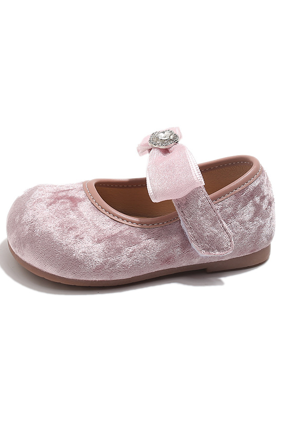 Pink Velvet Bow Rhinestone Princess Mary Jane Shoes