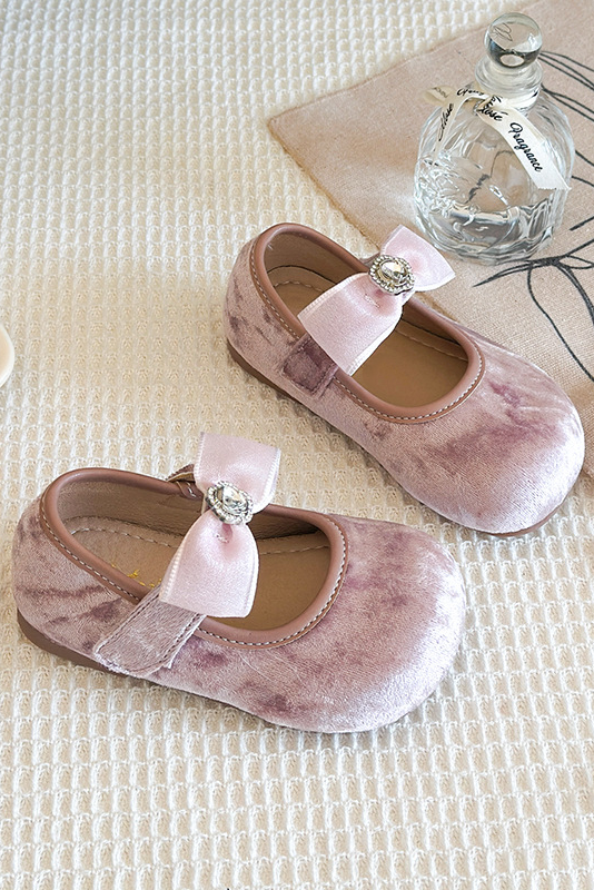 Pink Velvet Bow Rhinestone Princess Mary Jane Shoes