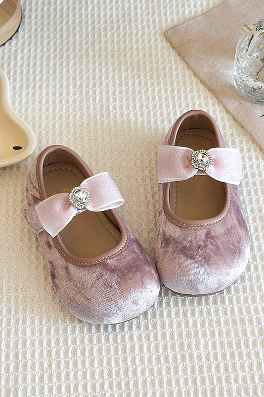 Pink Velvet Bow Rhinestone Princess Mary Jane Shoes