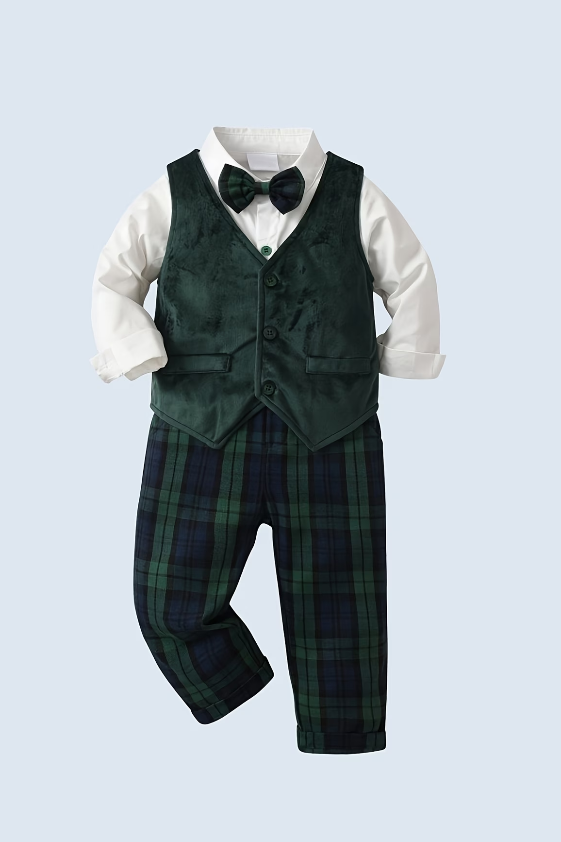 Dark Green Velvet Vest & Plaid Pants 2-Piece Set