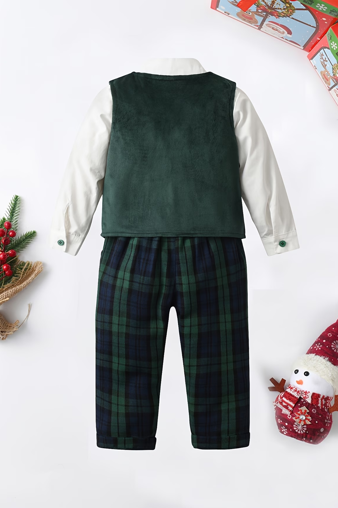 Dark Green Velvet Vest & Plaid Pants 2-Piece Set