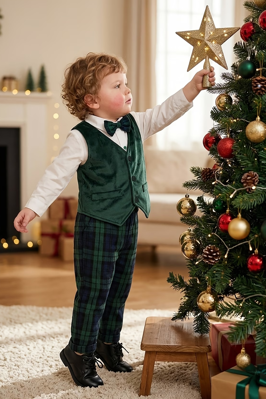 Dark Green Velvet Vest & Plaid Pants 2-Piece Set