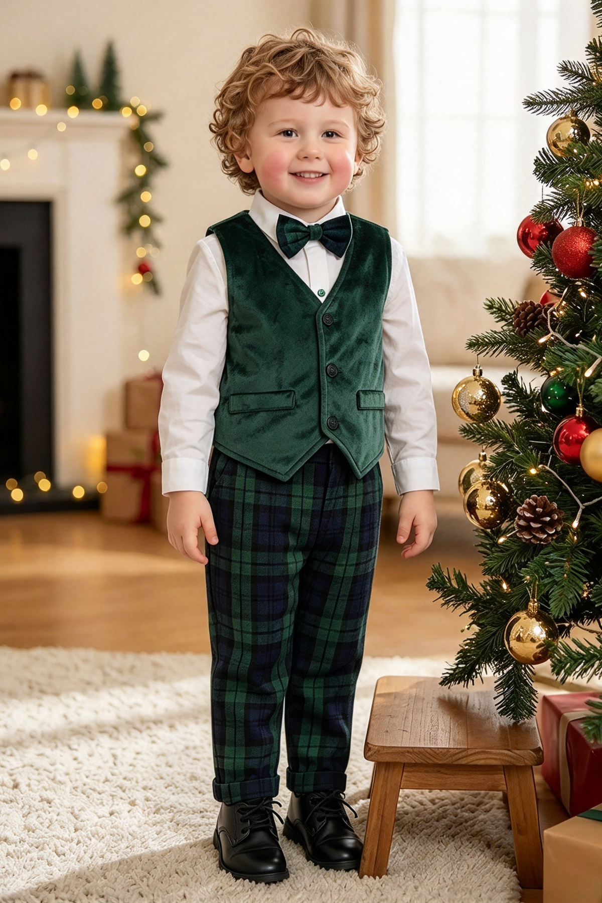 Dark Green Velvet Vest & Plaid Pants 2-Piece Set