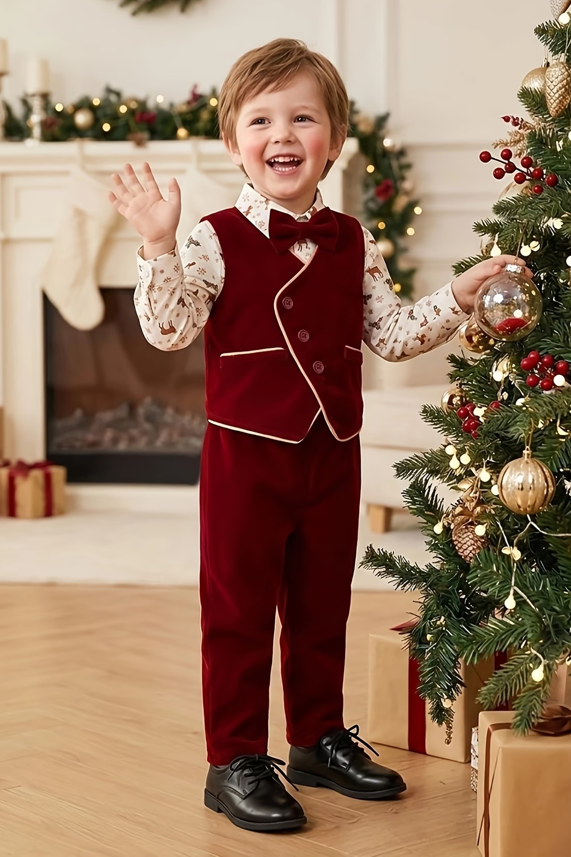 Burgundy Velvet Trimmed Vest 2-Piece Set