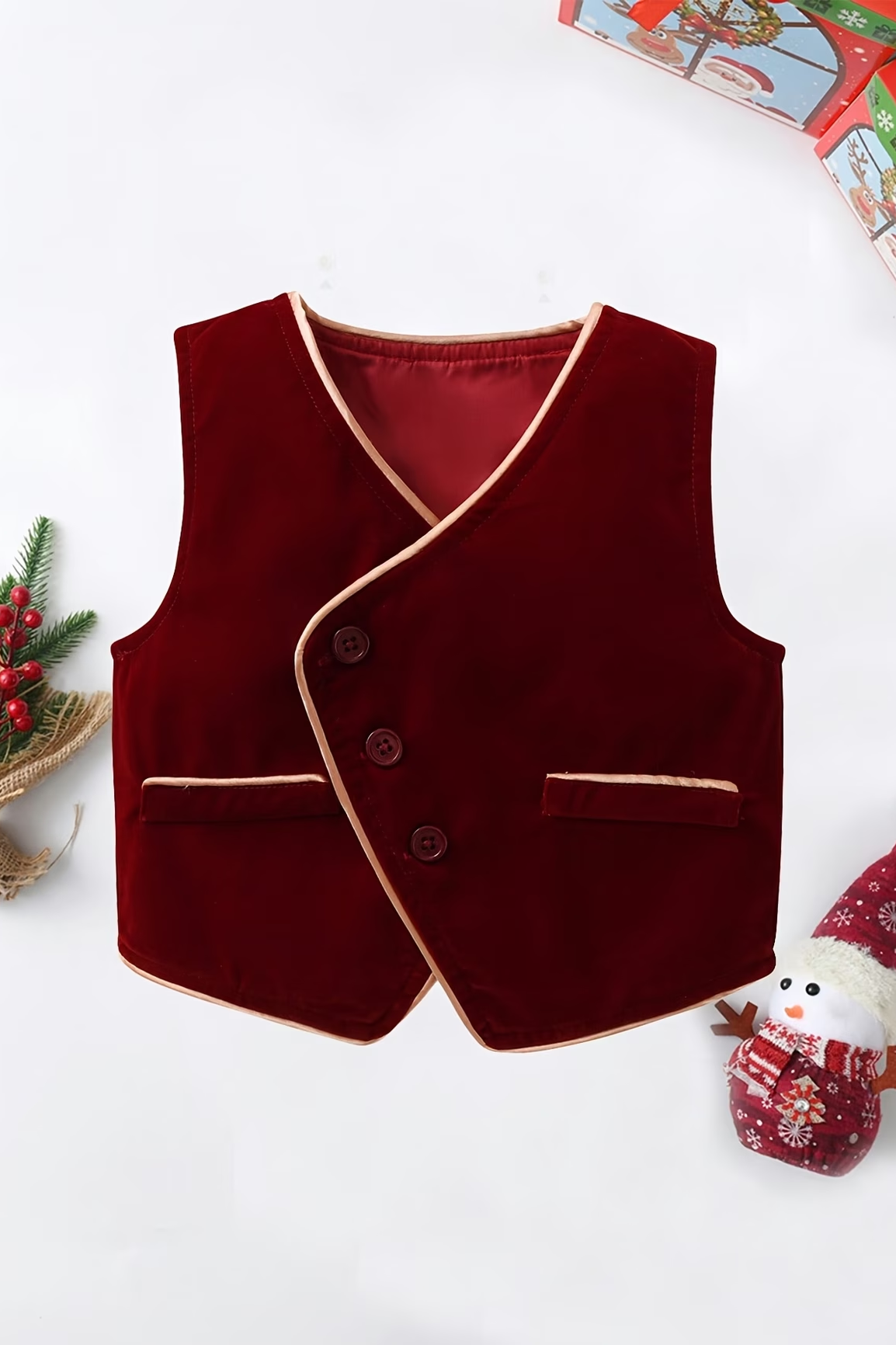 Burgundy Velvet Trimmed Vest 2-Piece Set