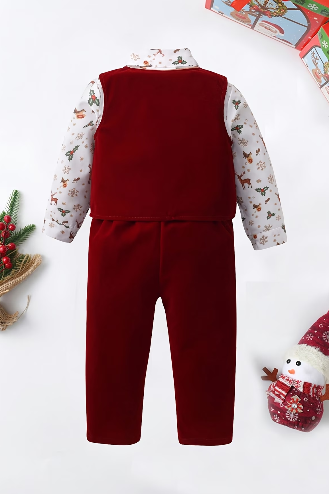 Burgundy Velvet Trimmed Vest 2-Piece Set