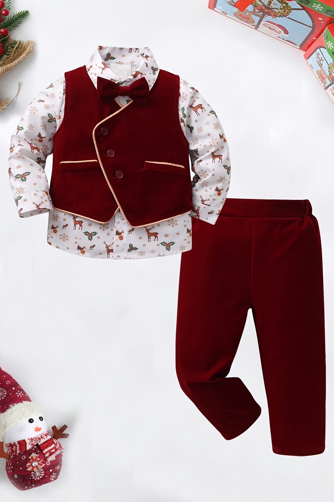 Burgundy Velvet Trimmed Vest 2-Piece Set