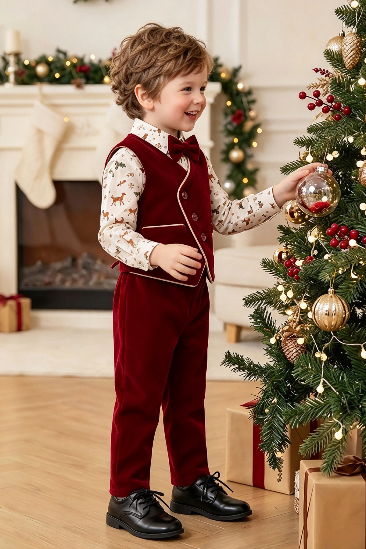 Burgundy Velvet Trimmed Vest 2-Piece Set