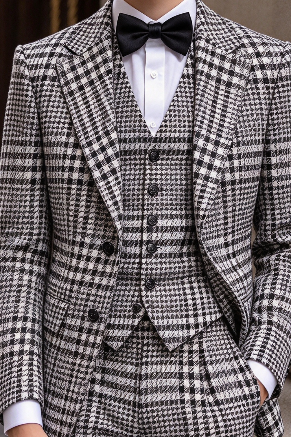 Black & White Houndstooth Single Breasted 3 Piece Suit Set