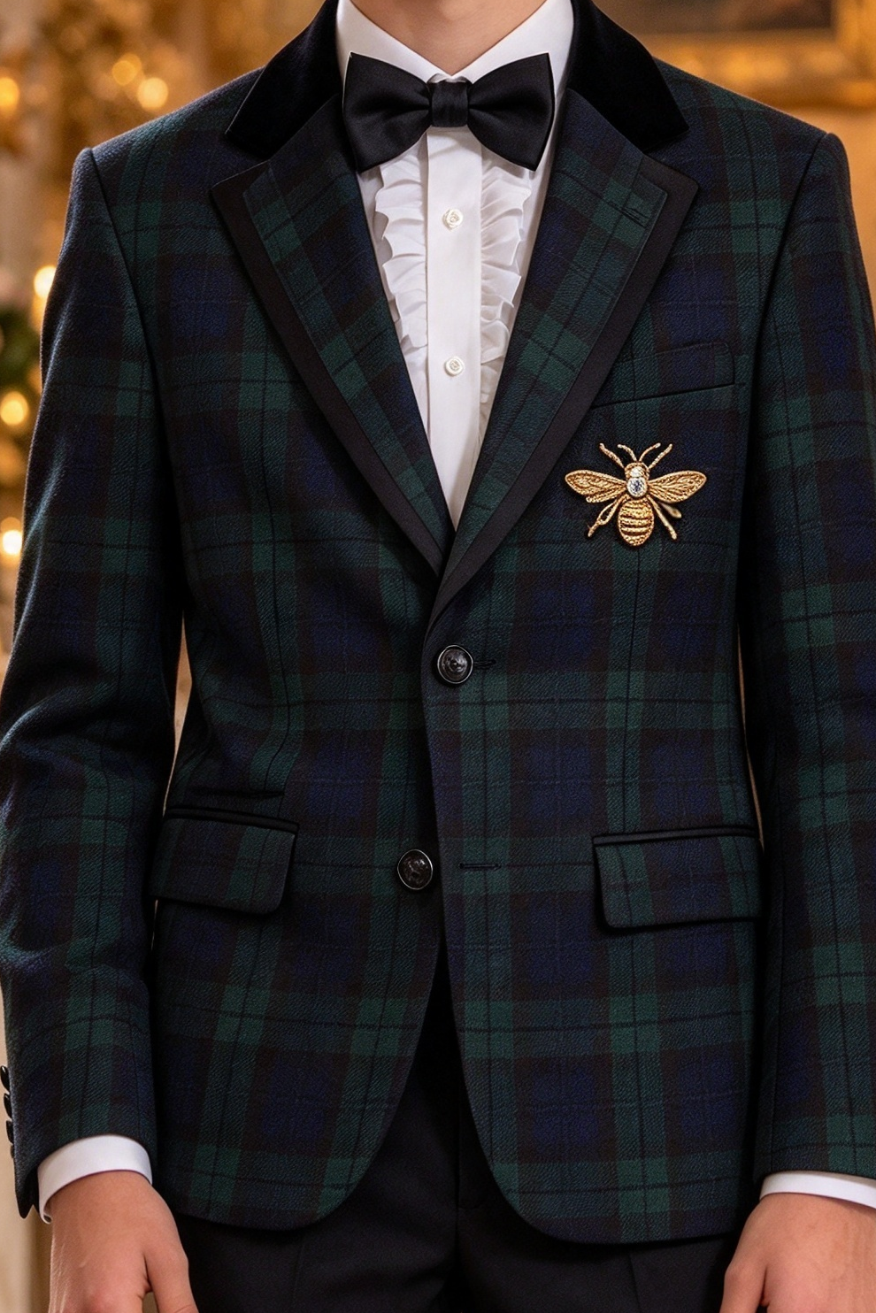 Dark Green Tartan & Velvet Lapel Single Breasted 2-Piece Suit