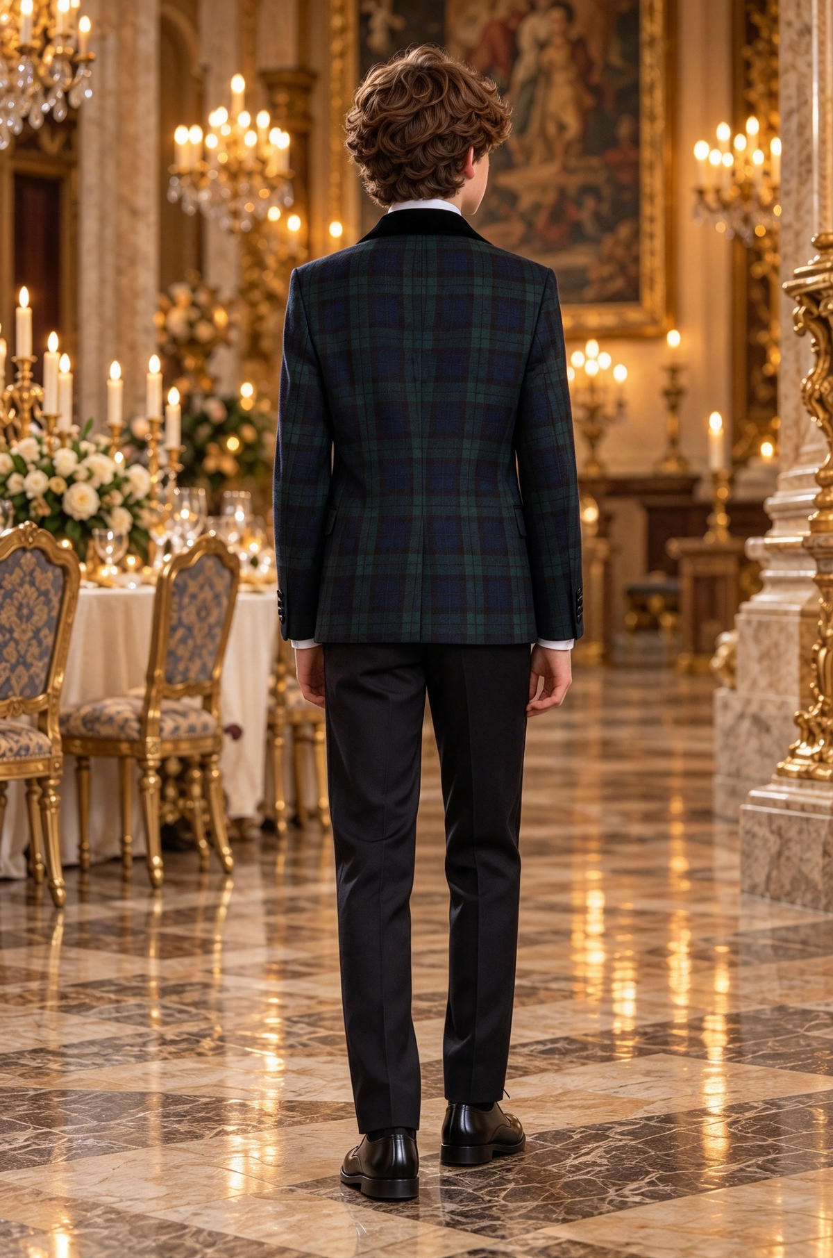 Dark Green Tartan & Velvet Lapel Single Breasted 2-Piece Suit