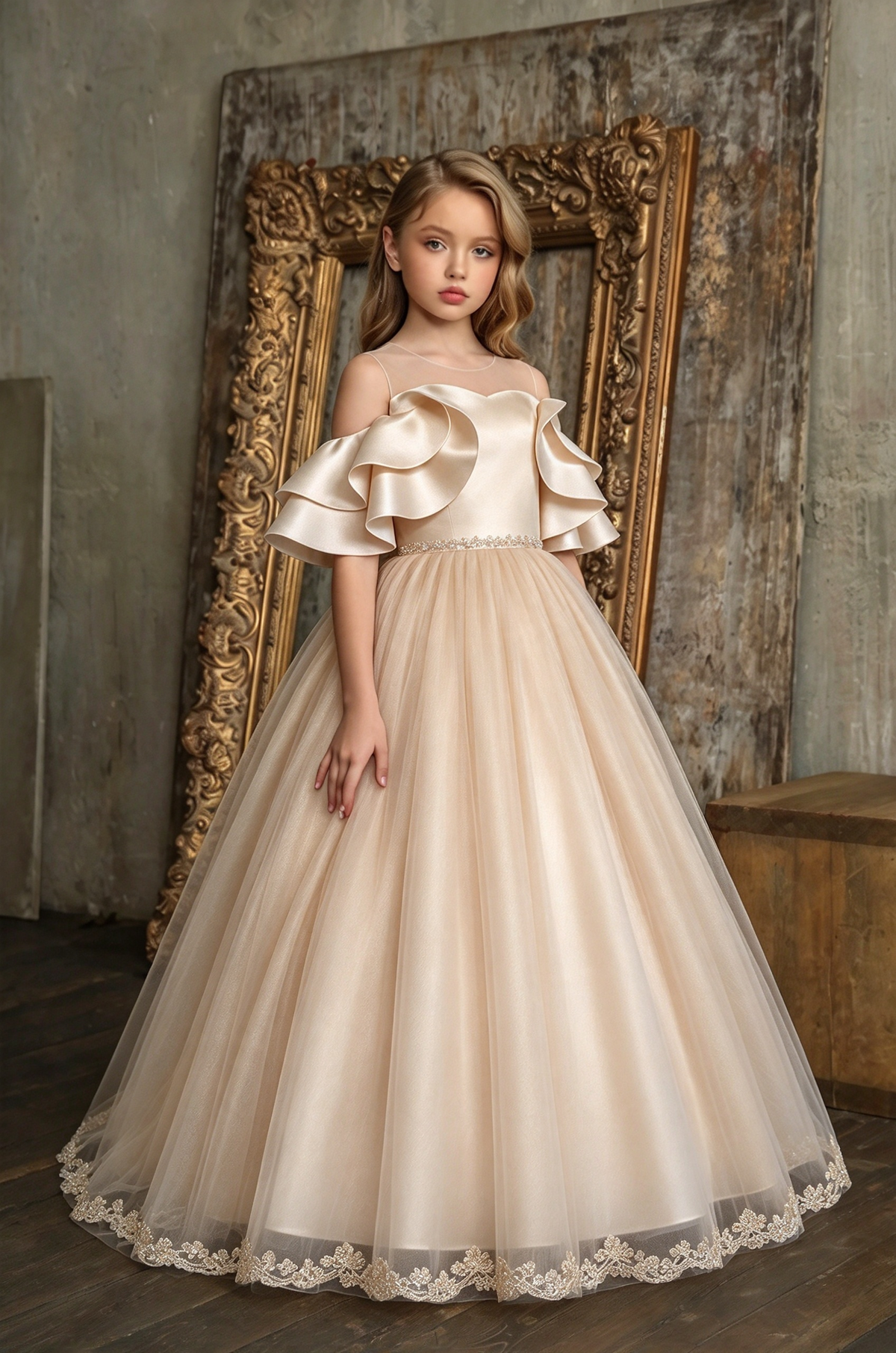 Champagne Satin Off Shoulder Ruffle Lace Tulle A-Line Dress