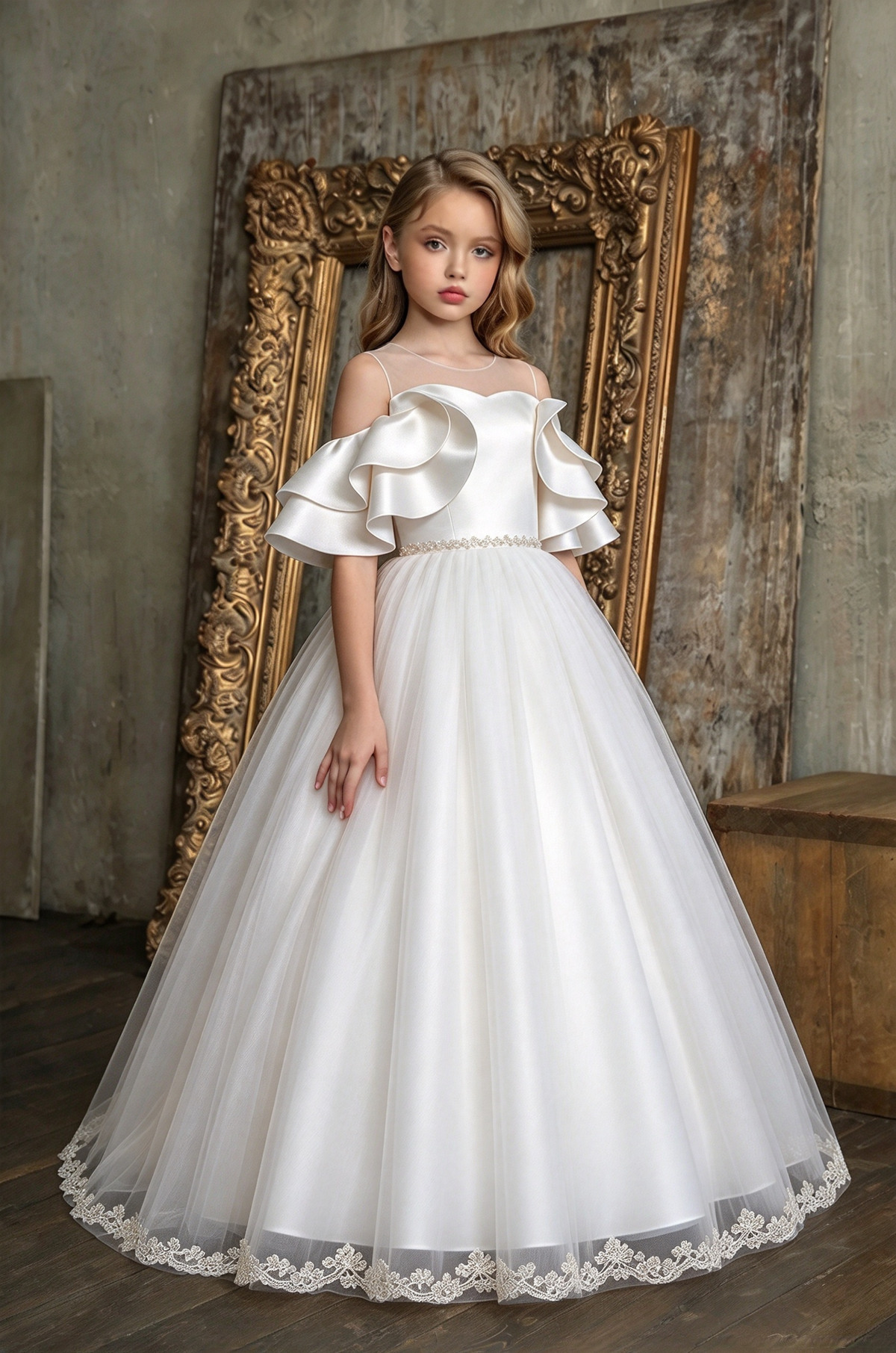 Champagne Satin Off Shoulder Ruffle Lace Tulle A-Line Dress