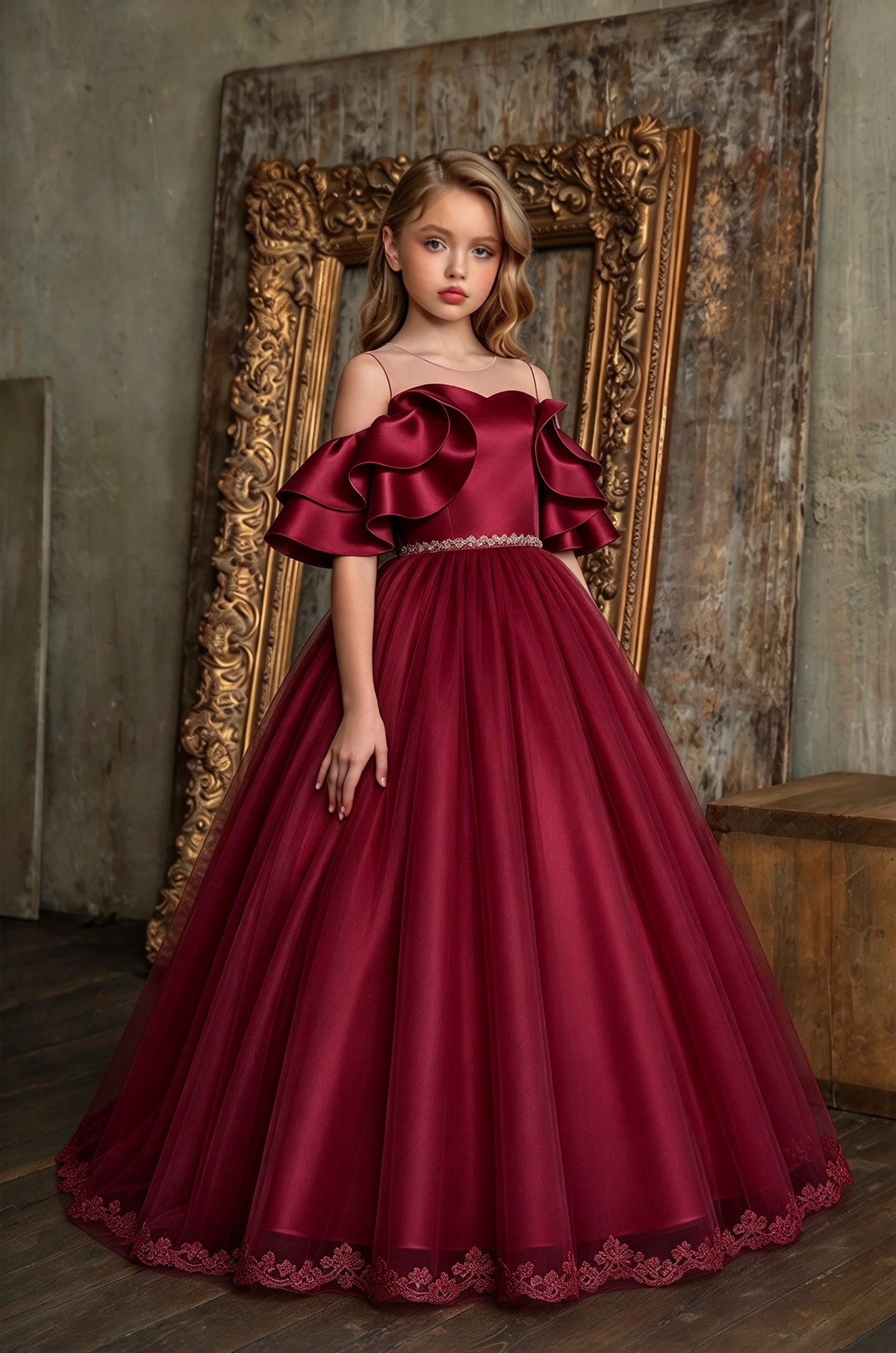 Champagne Satin Off Shoulder Ruffle Lace Tulle A-Line Dress