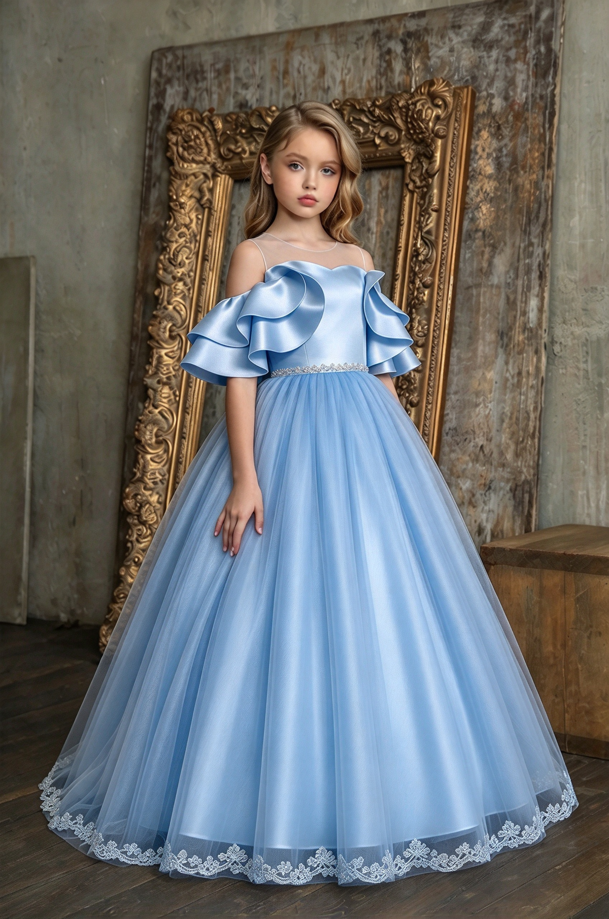 Champagne Satin Off Shoulder Ruffle Lace Tulle A-Line Dress